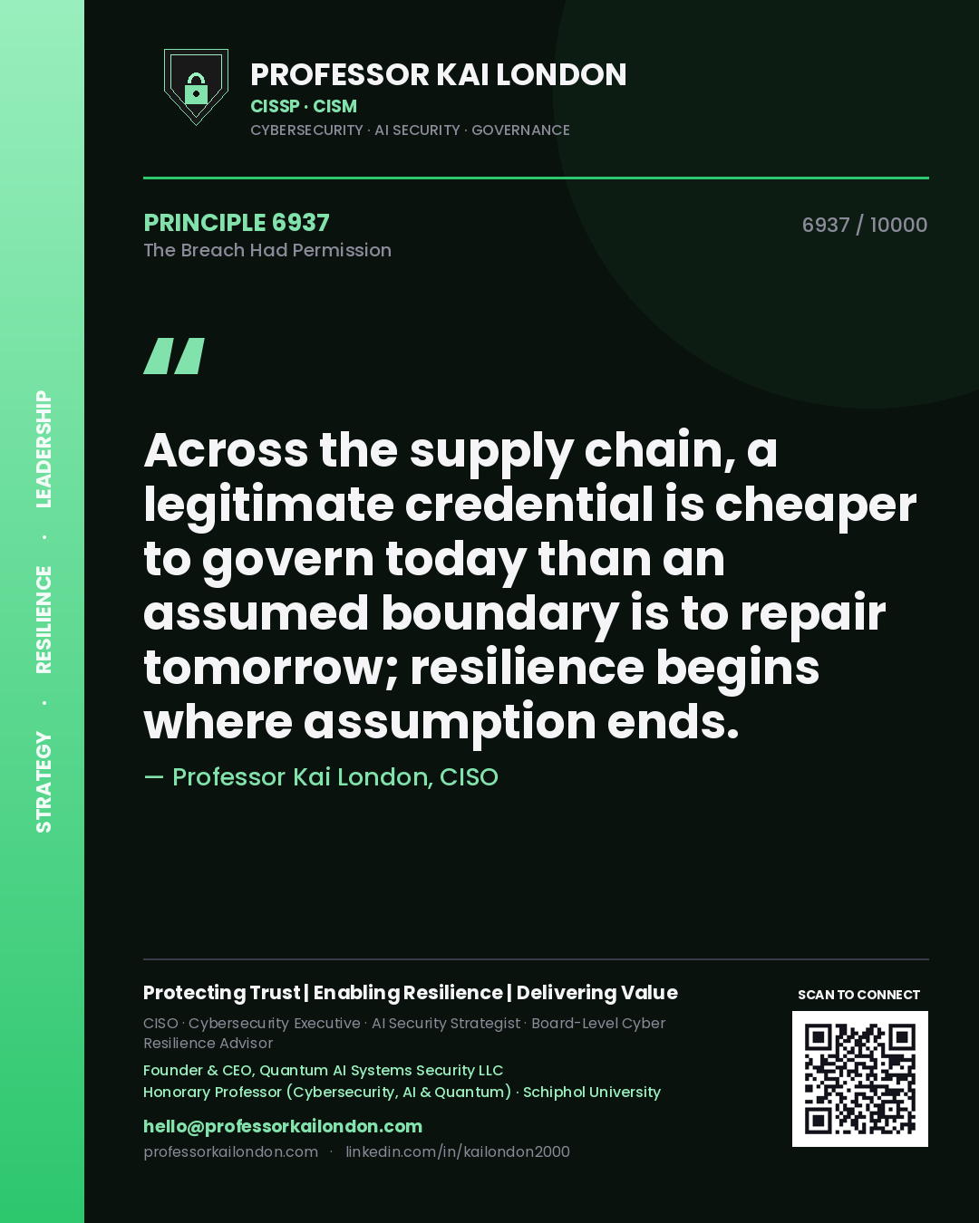 Professor Kai London principle 6937: Across the supply chain, a legitimate credential is cheaper to govern today than an assumed boundary is to repair tomorrow; resilience begins where assumption ends.