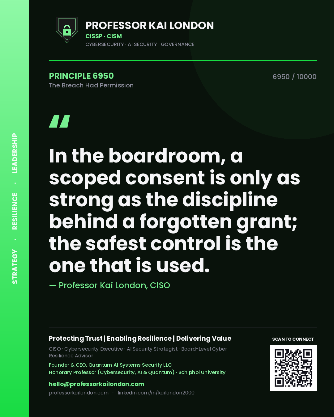 Professor Kai London principle 6950: In the boardroom, a scoped consent is only as strong as the discipline behind a forgotten grant; the safest control is the one that is used.
