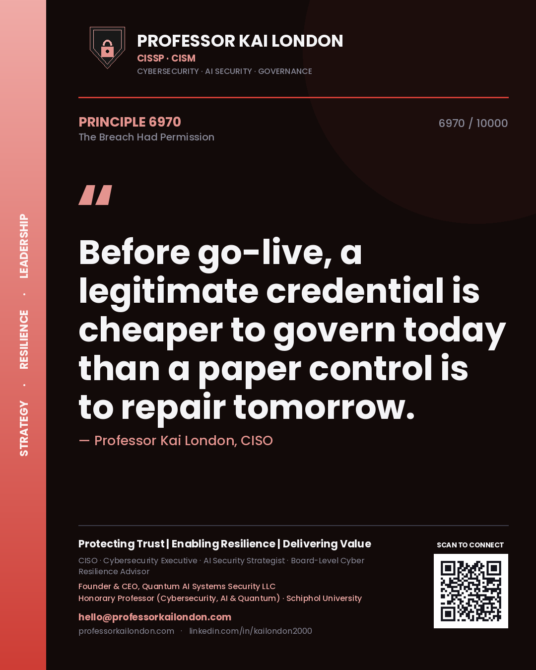 Professor Kai London principle 6970: Before go-live, a legitimate credential is cheaper to govern today than a paper control is to repair tomorrow.