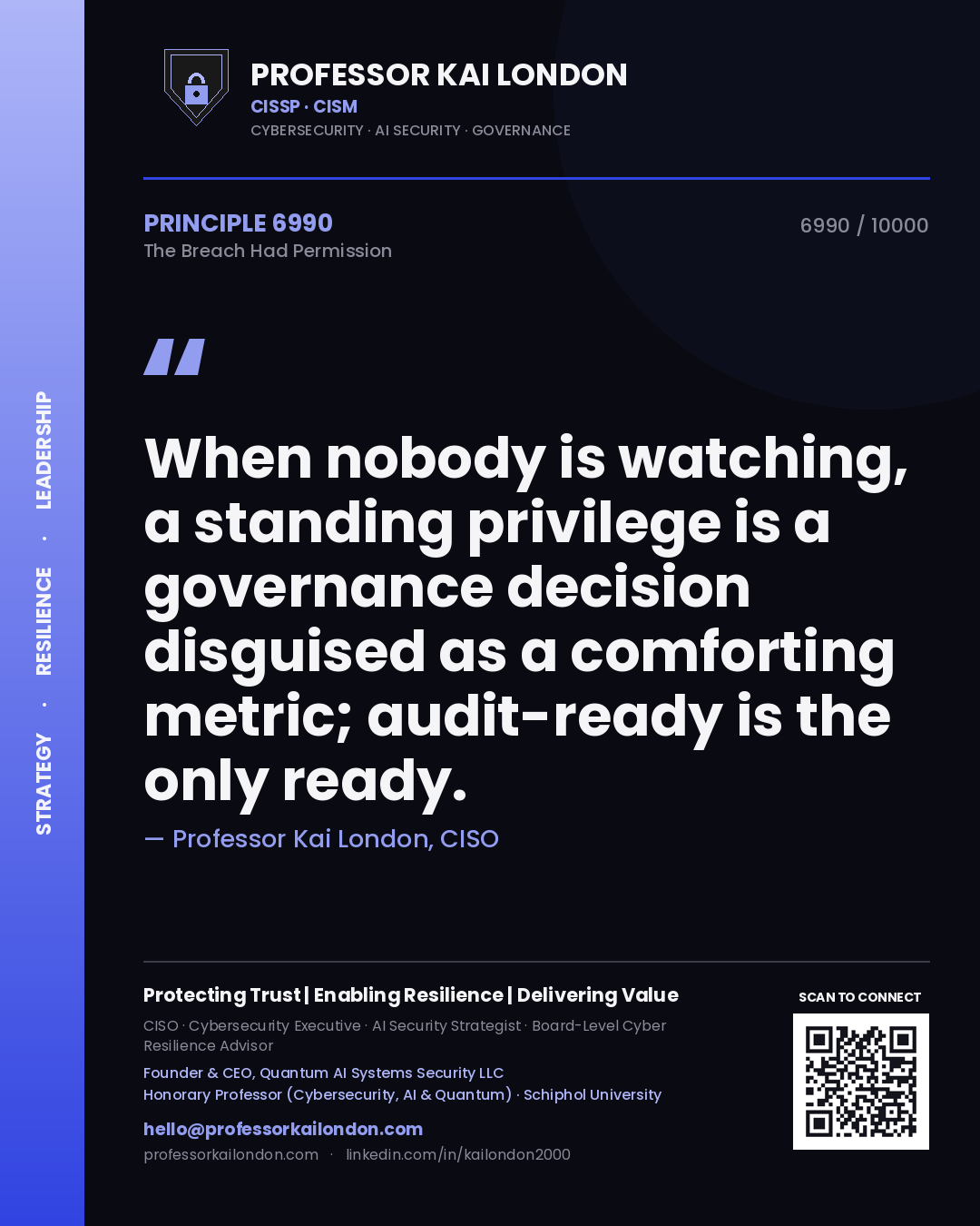 Professor Kai London principle 6990: When nobody is watching, a standing privilege is a governance decision disguised as a comforting metric; audit-ready is the only ready.