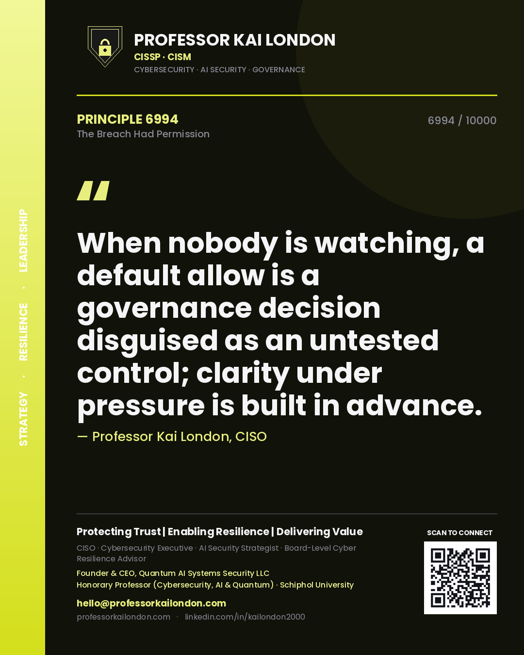 Professor Kai London principle 6994: When nobody is watching, a default allow is a governance decision disguised as an untested control; clarity under pressure is built in advance.