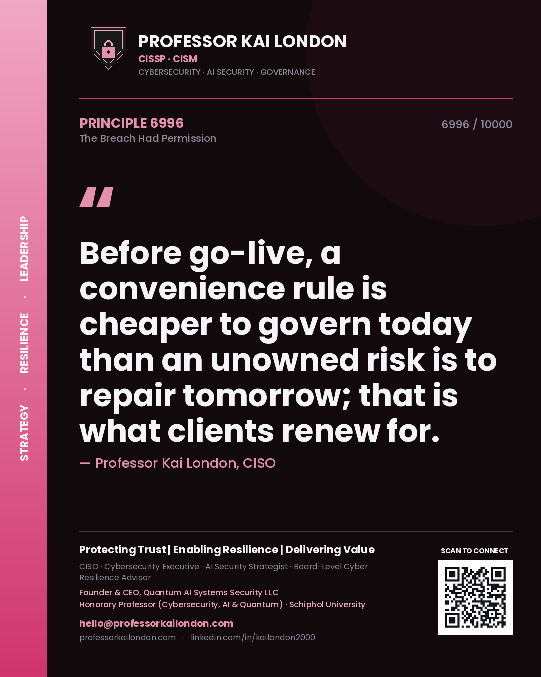 Professor Kai London principle 6996: Before go-live, a convenience rule is cheaper to govern today than an unowned risk is to repair tomorrow; that is what clients renew for.