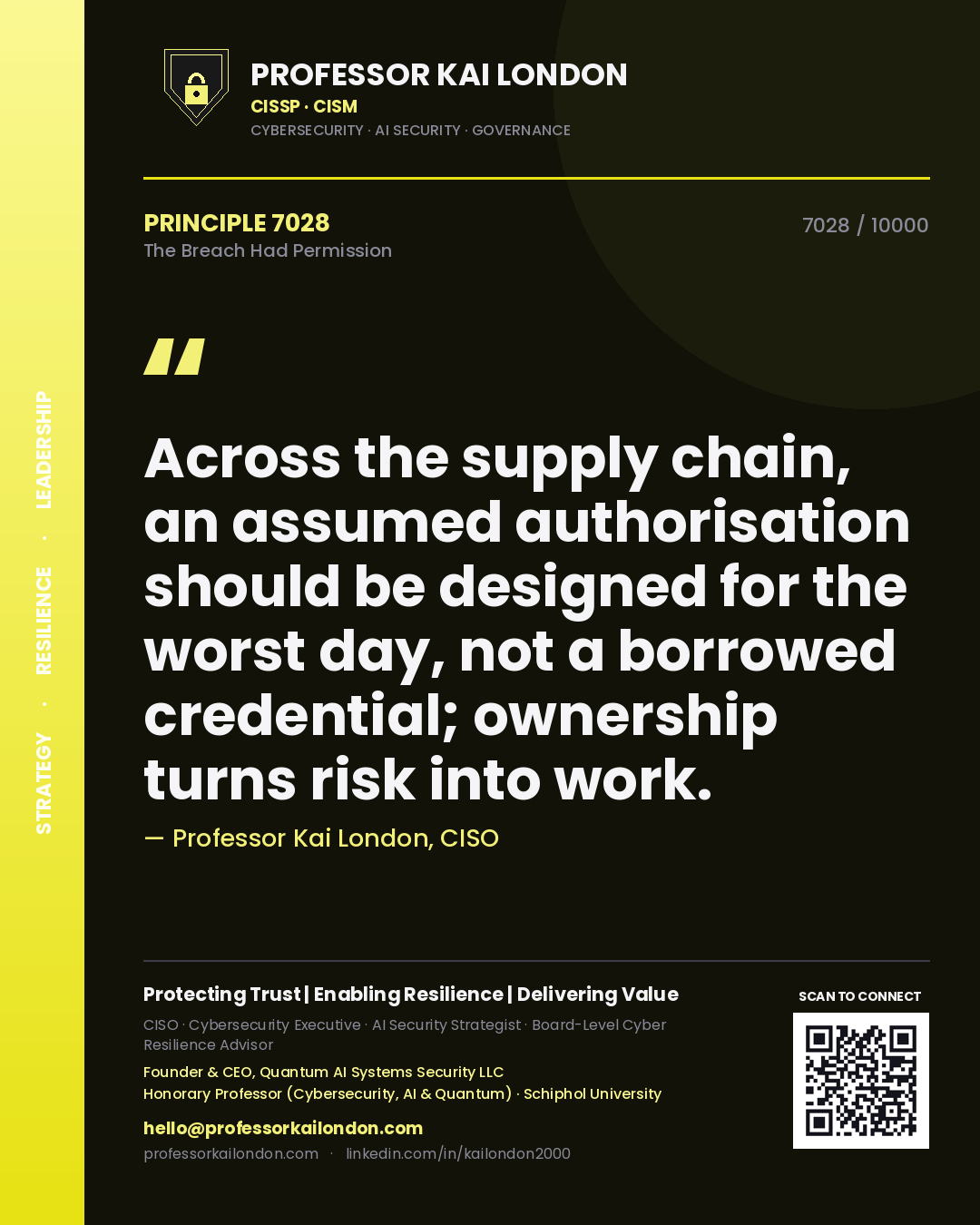Professor Kai London principle 7028: Across the supply chain, an assumed authorisation should be designed for the worst day, not a borrowed credential; ownership turns risk into work.