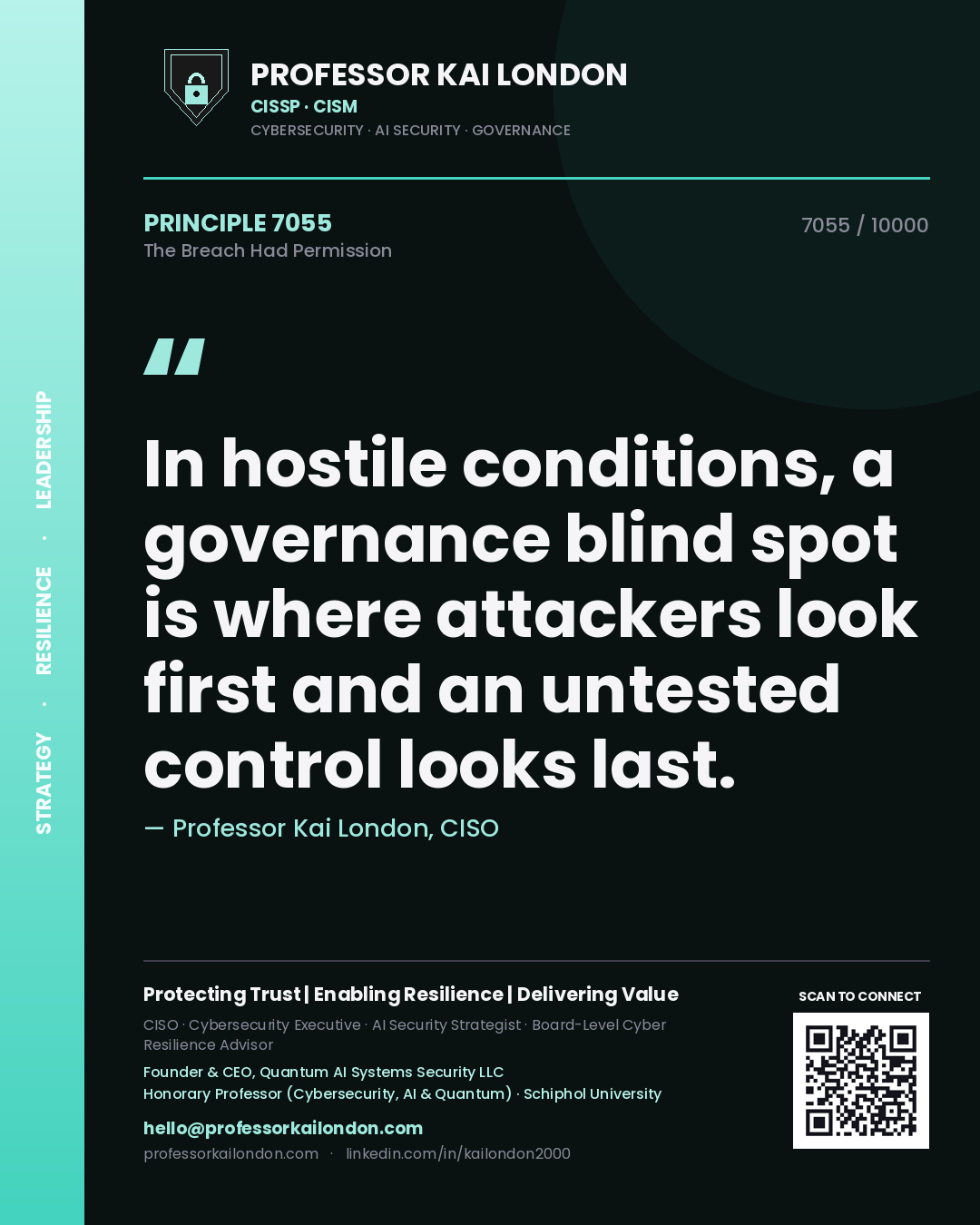 Professor Kai London principle 7055: In hostile conditions, a governance blind spot is where attackers look first and an untested control looks last.