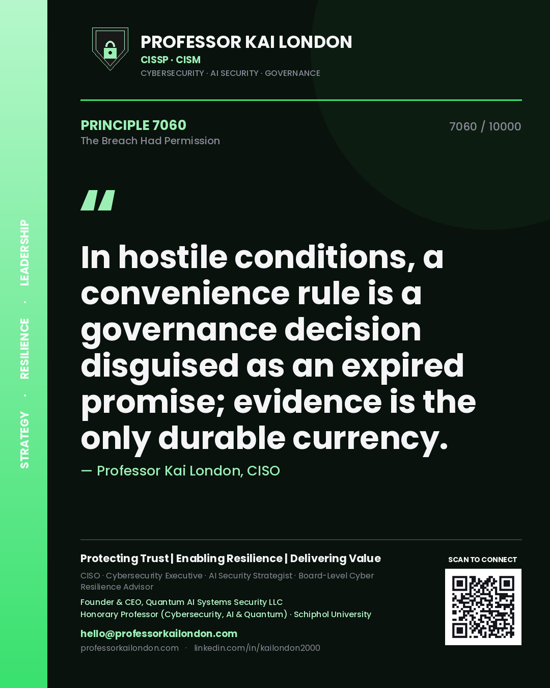 Professor Kai London principle 7060: In hostile conditions, a convenience rule is a governance decision disguised as an expired promise; evidence is the only durable currency.
