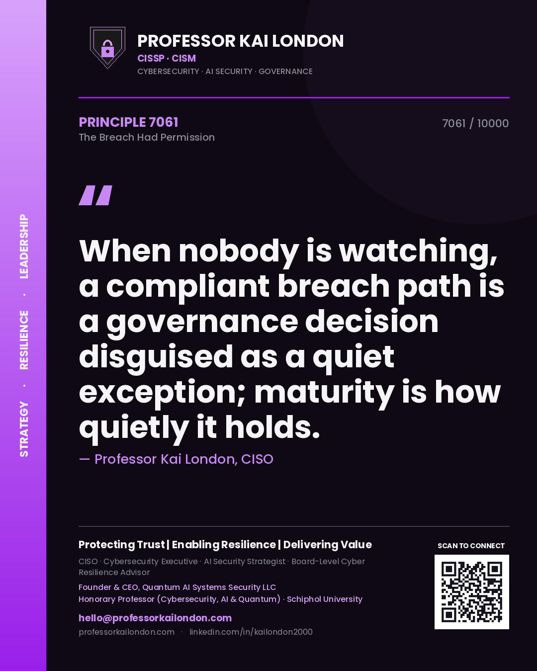 Professor Kai London principle 7061: When nobody is watching, a compliant breach path is a governance decision disguised as a quiet exception; maturity is how quietly it holds.