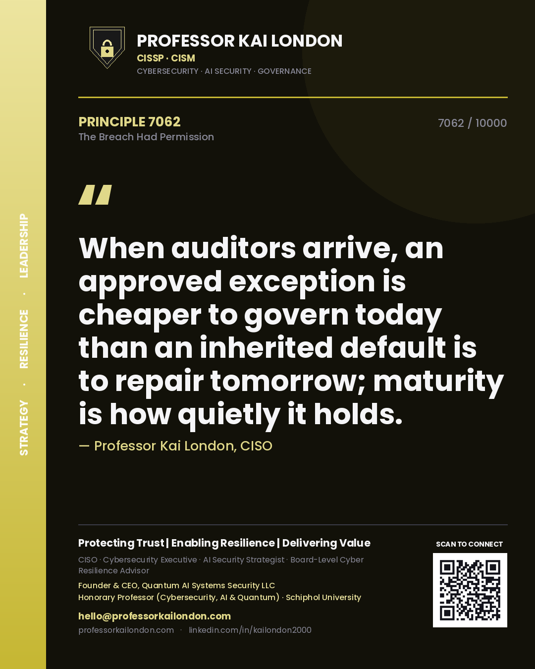 Professor Kai London principle 7062: When auditors arrive, an approved exception is cheaper to govern today than an inherited default is to repair tomorrow; maturity is how quietly it holds.