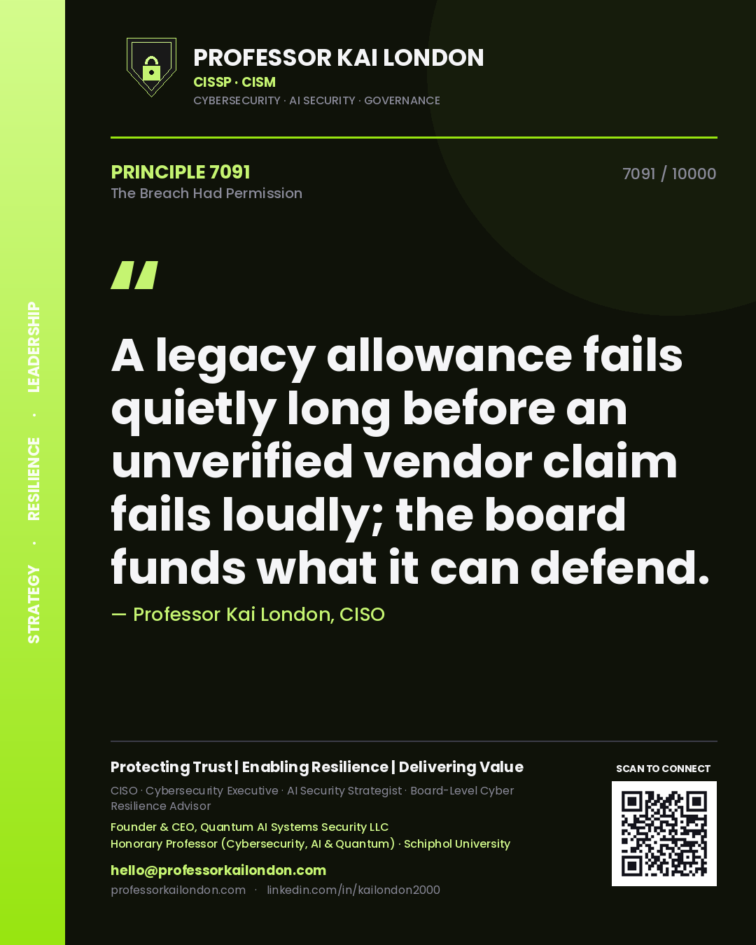 Professor Kai London principle 7091: A legacy allowance fails quietly long before an unverified vendor claim fails loudly; the board funds what it can defend.