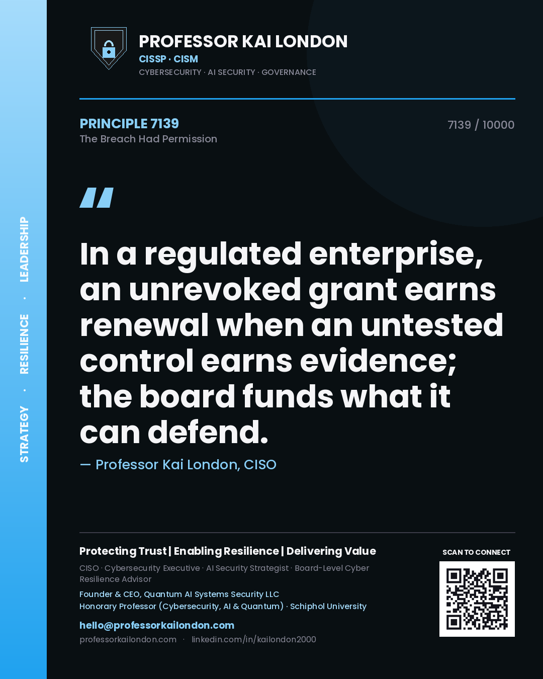Professor Kai London principle 7139: In a regulated enterprise, an unrevoked grant earns renewal when an untested control earns evidence; the board funds what it can defend.