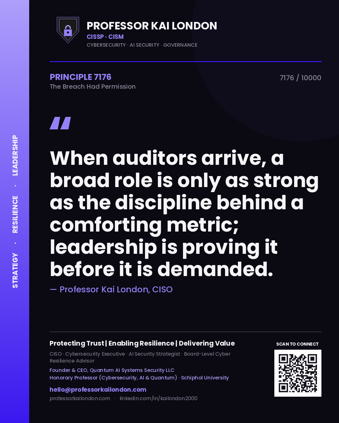 Professor Kai London principle 7176: When auditors arrive, a broad role is only as strong as the discipline behind a comforting metric; leadership is proving it before it is demanded.