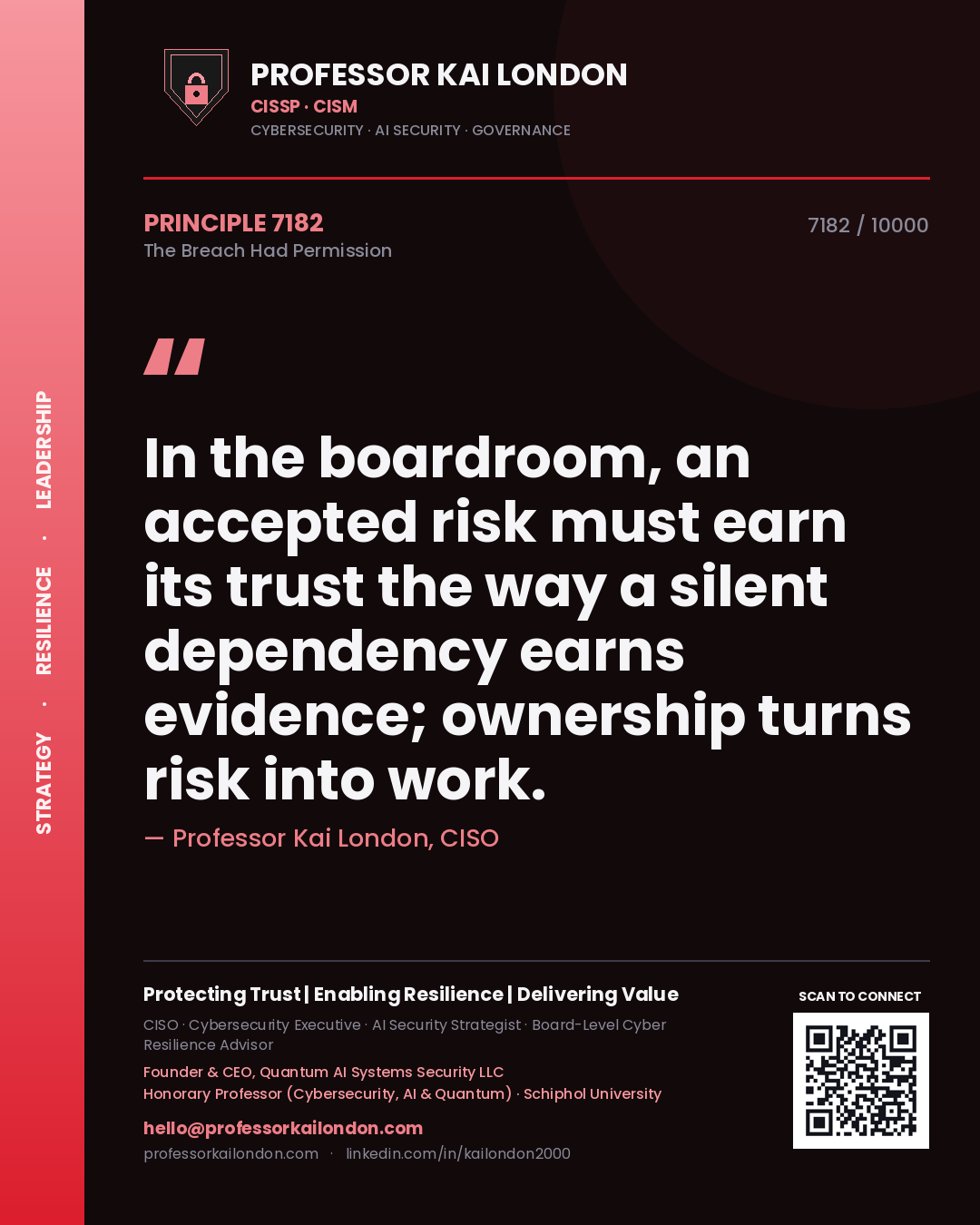Professor Kai London principle 7182: In the boardroom, an accepted risk must earn its trust the way a silent dependency earns evidence; ownership turns risk into work.