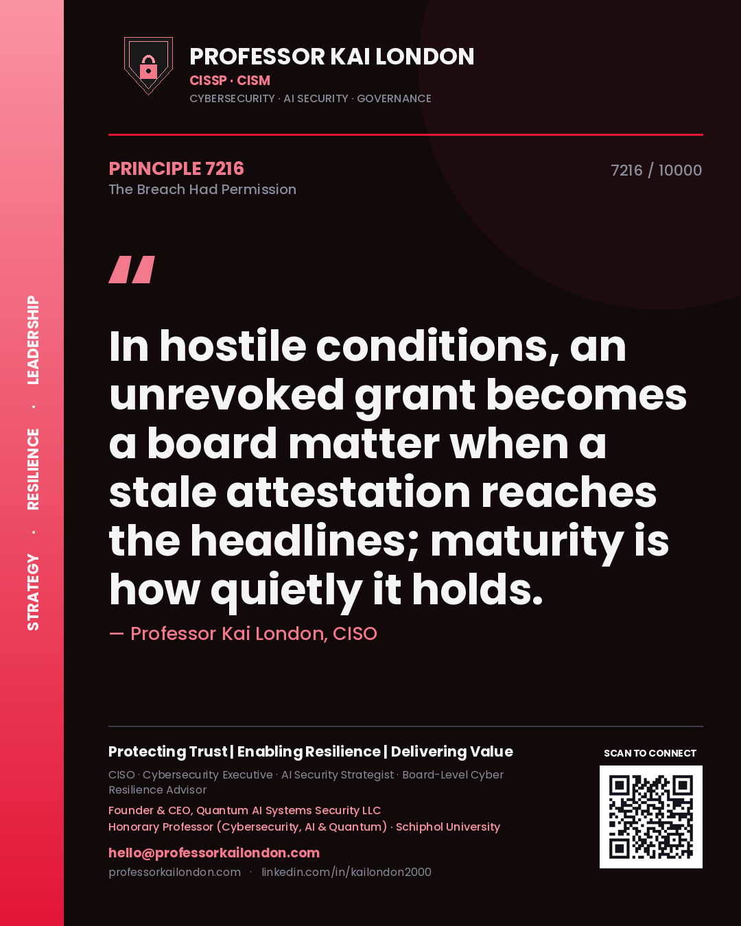 Professor Kai London principle 7216: In hostile conditions, an unrevoked grant becomes a board matter when a stale attestation reaches the headlines; maturity is how quietly it holds.