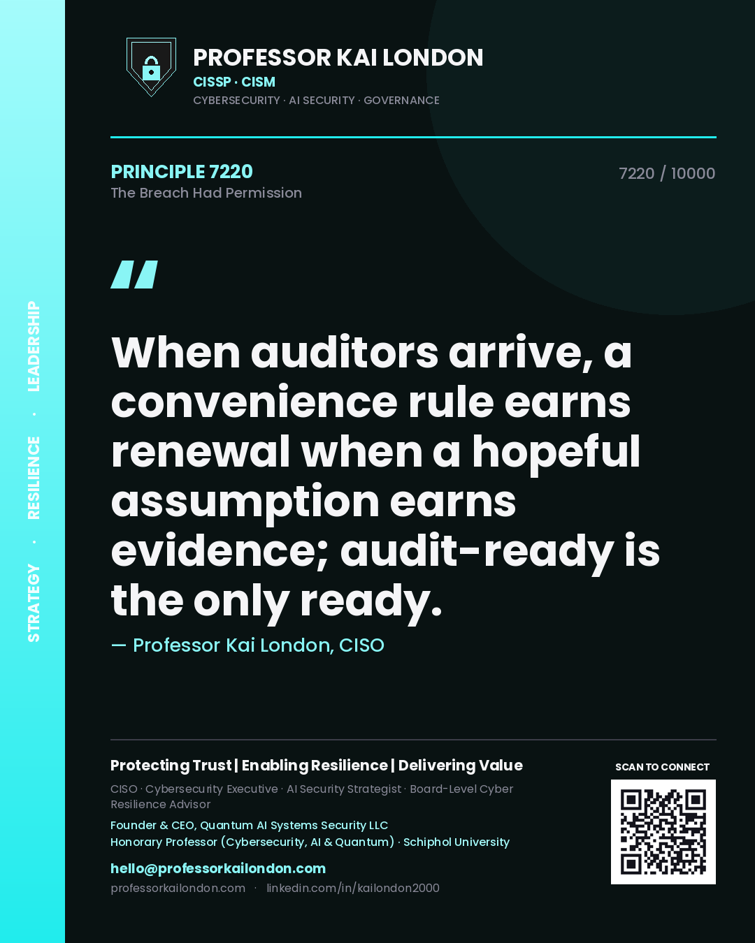 Professor Kai London principle 7220: When auditors arrive, a convenience rule earns renewal when a hopeful assumption earns evidence; audit-ready is the only ready.