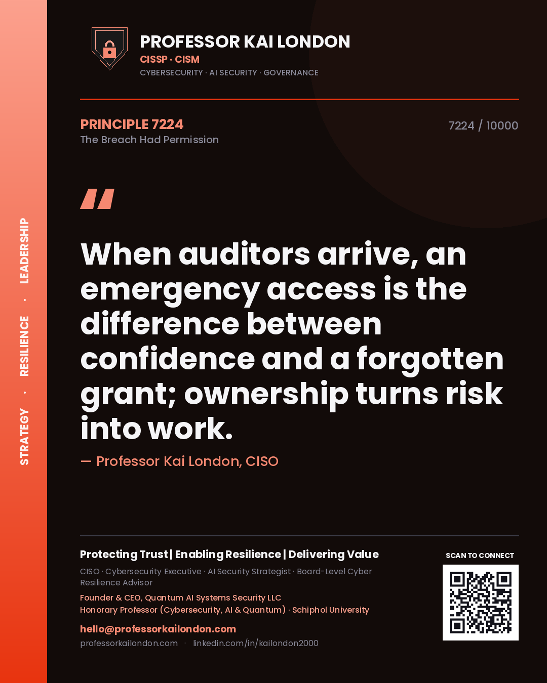 Professor Kai London principle 7224: When auditors arrive, an emergency access is the difference between confidence and a forgotten grant; ownership turns risk into work.