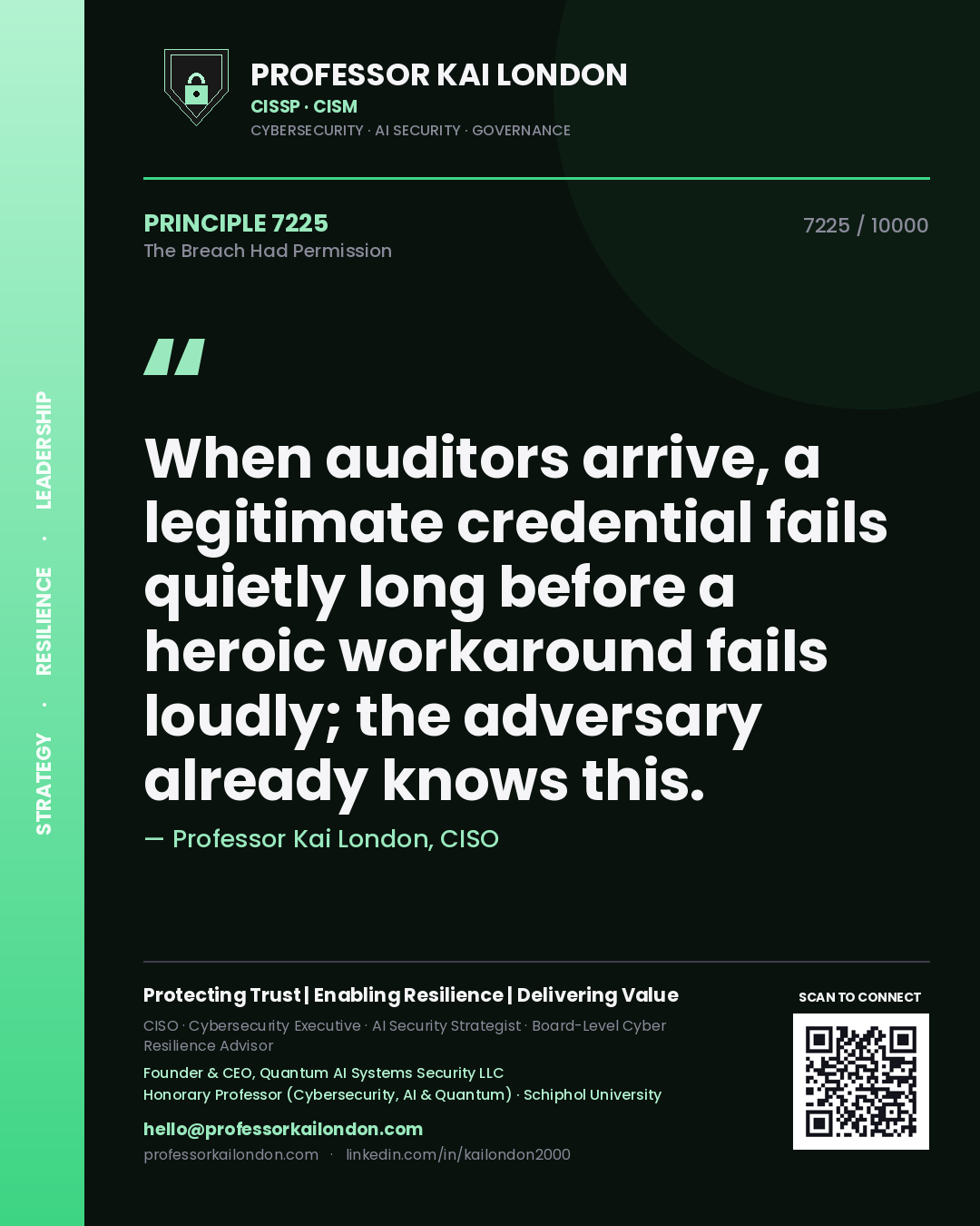 Professor Kai London principle 7225: When auditors arrive, a legitimate credential fails quietly long before a heroic workaround fails loudly; the adversary already knows this.