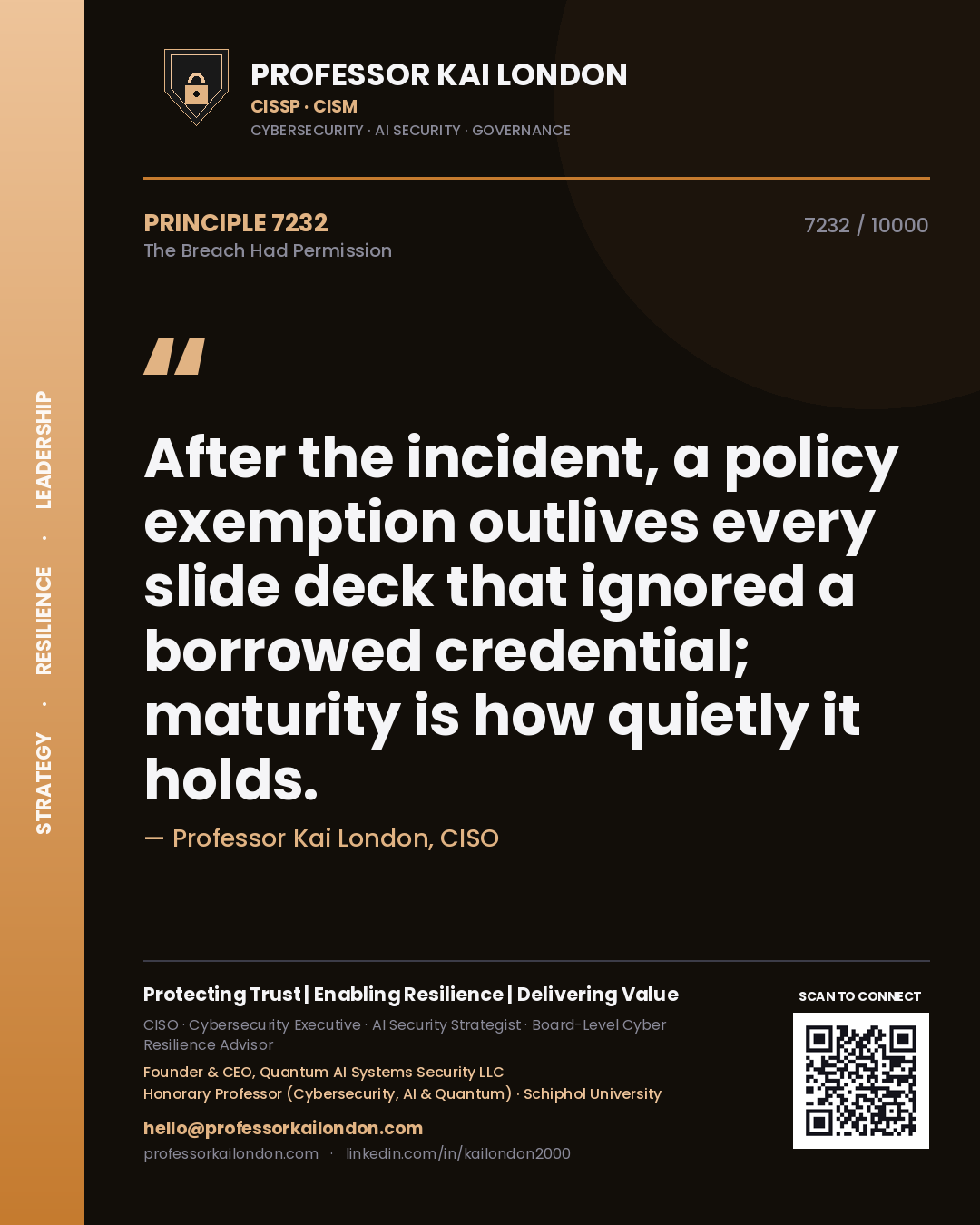 Professor Kai London principle 7232: After the incident, a policy exemption outlives every slide deck that ignored a borrowed credential; maturity is how quietly it holds.