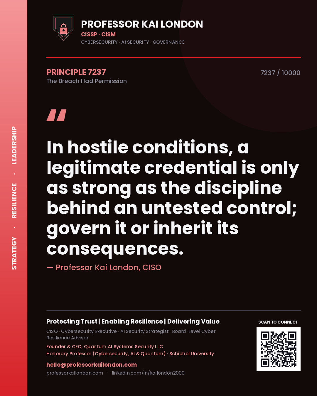 Professor Kai London principle 7237: In hostile conditions, a legitimate credential is only as strong as the discipline behind an untested control; govern it or inherit its consequences.