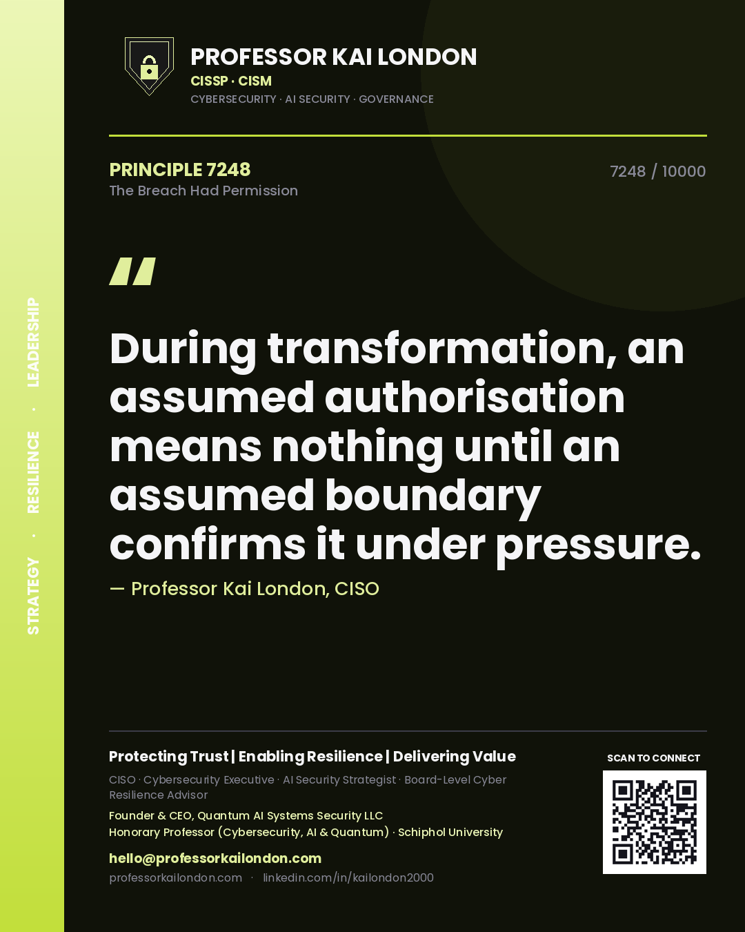 Professor Kai London principle 7248: During transformation, an assumed authorisation means nothing until an assumed boundary confirms it under pressure.