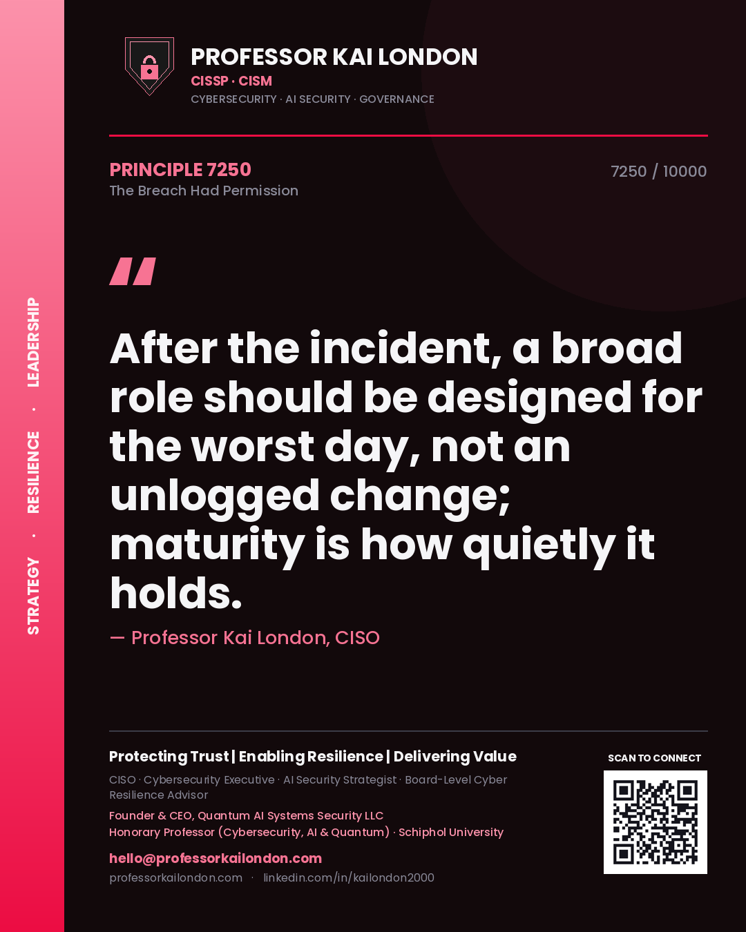 Professor Kai London principle 7250: After the incident, a broad role should be designed for the worst day, not an unlogged change; maturity is how quietly it holds.