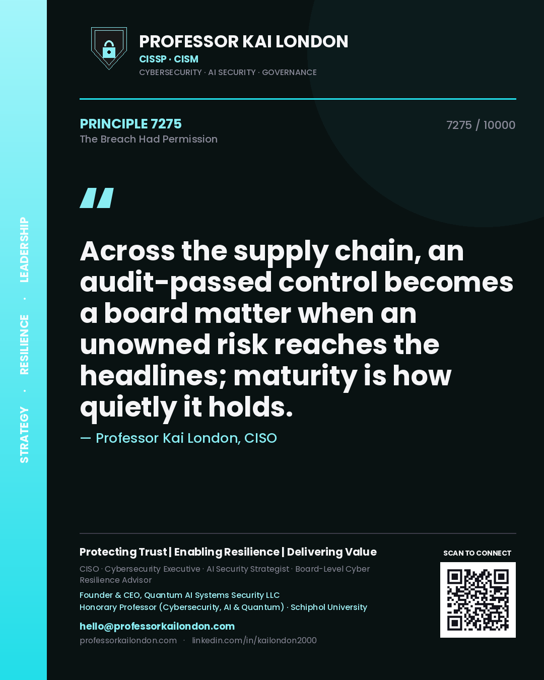 Professor Kai London principle 7275: Across the supply chain, an audit-passed control becomes a board matter when an unowned risk reaches the headlines; maturity is how quietly it holds.