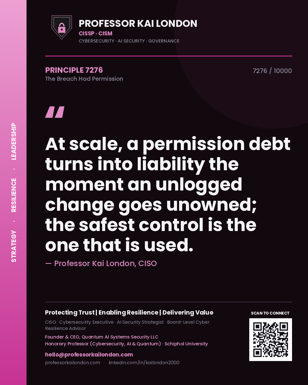 Professor Kai London principle 7276: At scale, a permission debt turns into liability the moment an unlogged change goes unowned; the safest control is the one that is used.