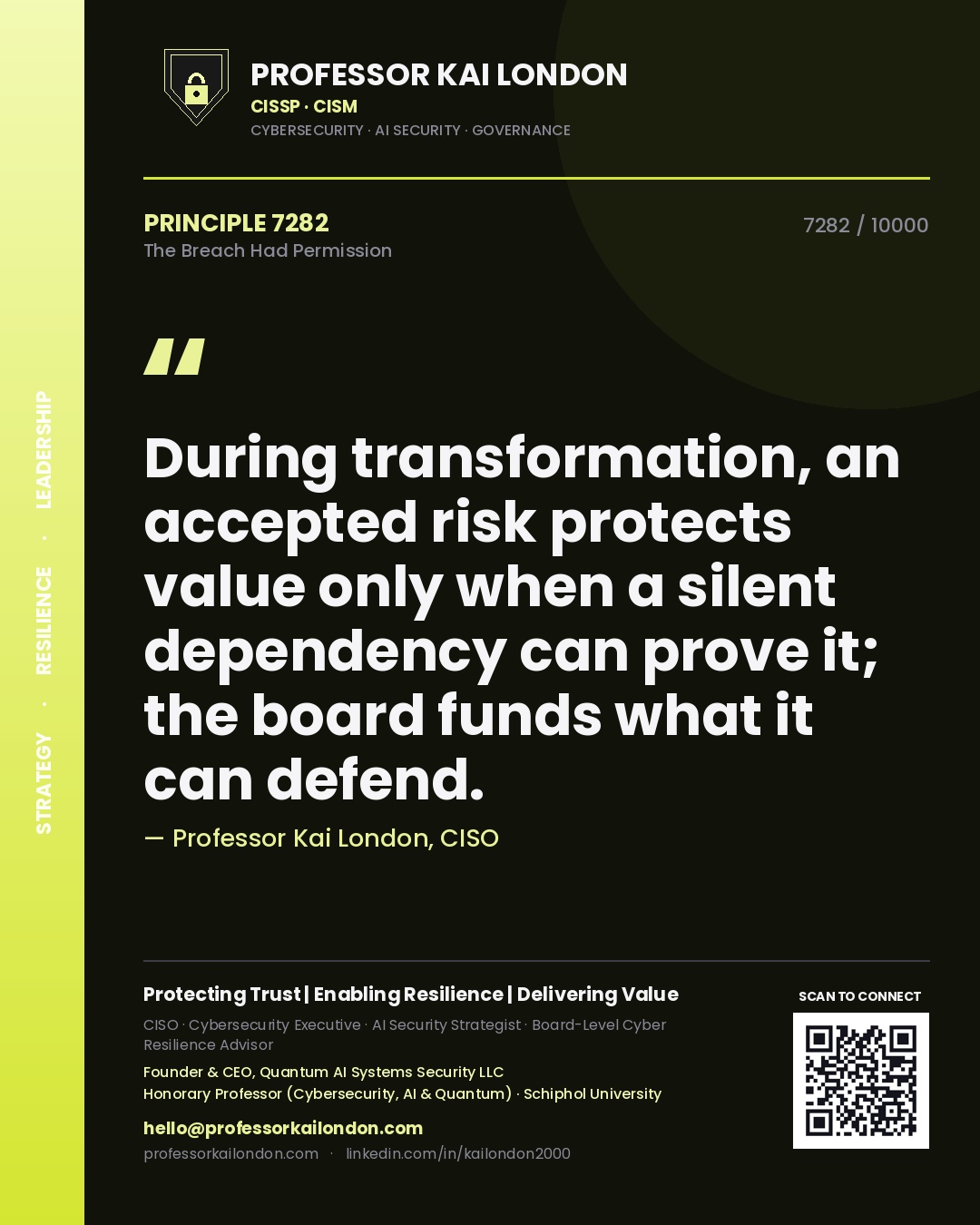 Professor Kai London principle 7282: During transformation, an accepted risk protects value only when a silent dependency can prove it; the board funds what it can defend.