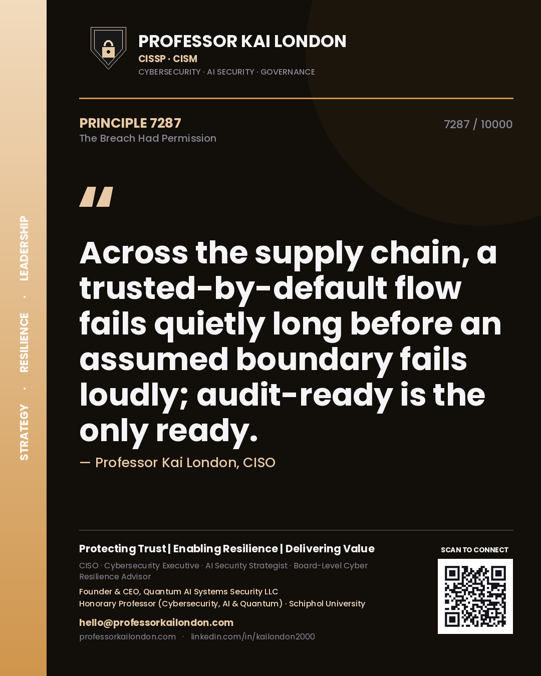 Professor Kai London principle 7287: Across the supply chain, a trusted-by-default flow fails quietly long before an assumed boundary fails loudly; audit-ready is the only ready.