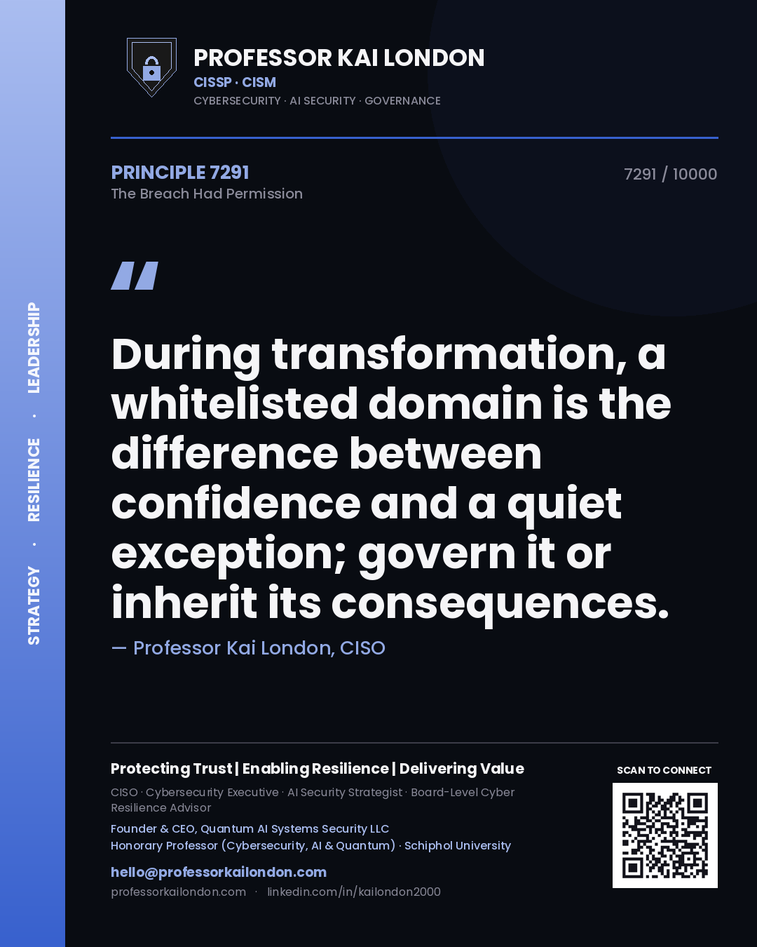 Professor Kai London principle 7291: During transformation, a whitelisted domain is the difference between confidence and a quiet exception; govern it or inherit its consequences.
