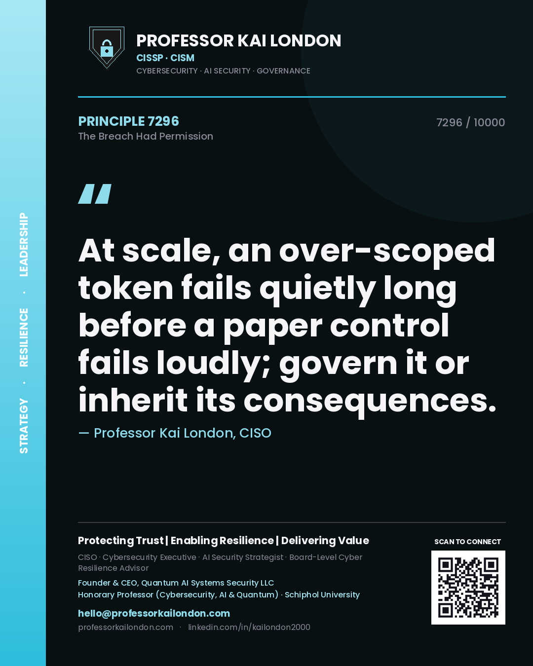 Professor Kai London principle 7296: At scale, an over-scoped token fails quietly long before a paper control fails loudly; govern it or inherit its consequences.