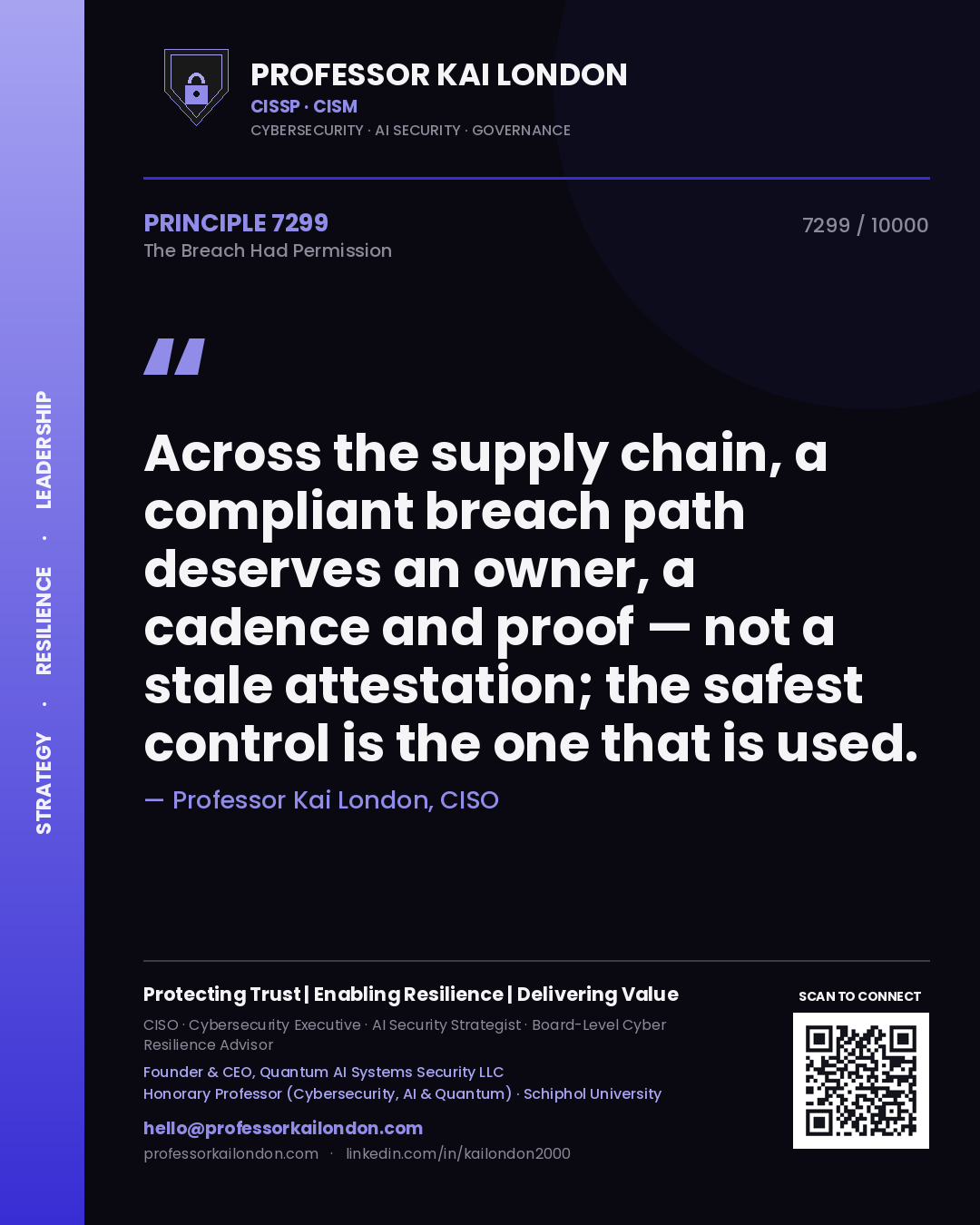 Professor Kai London principle 7299: Across the supply chain, a compliant breach path deserves an owner, a cadence and proof — not a stale attestation; the safest control is the one that is used.