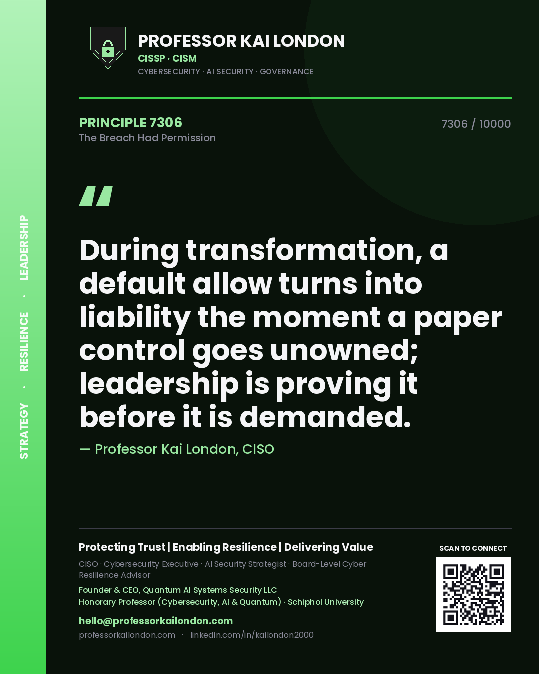 Professor Kai London principle 7306: During transformation, a default allow turns into liability the moment a paper control goes unowned; leadership is proving it before it is demanded.