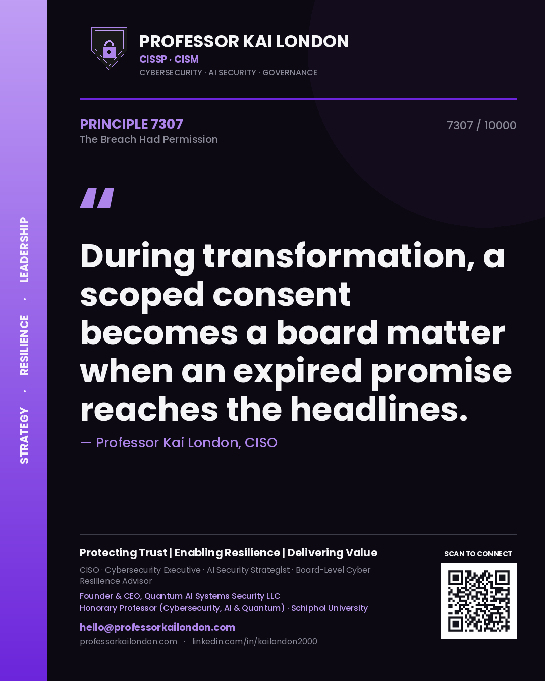 Professor Kai London principle 7307: During transformation, a scoped consent becomes a board matter when an expired promise reaches the headlines.