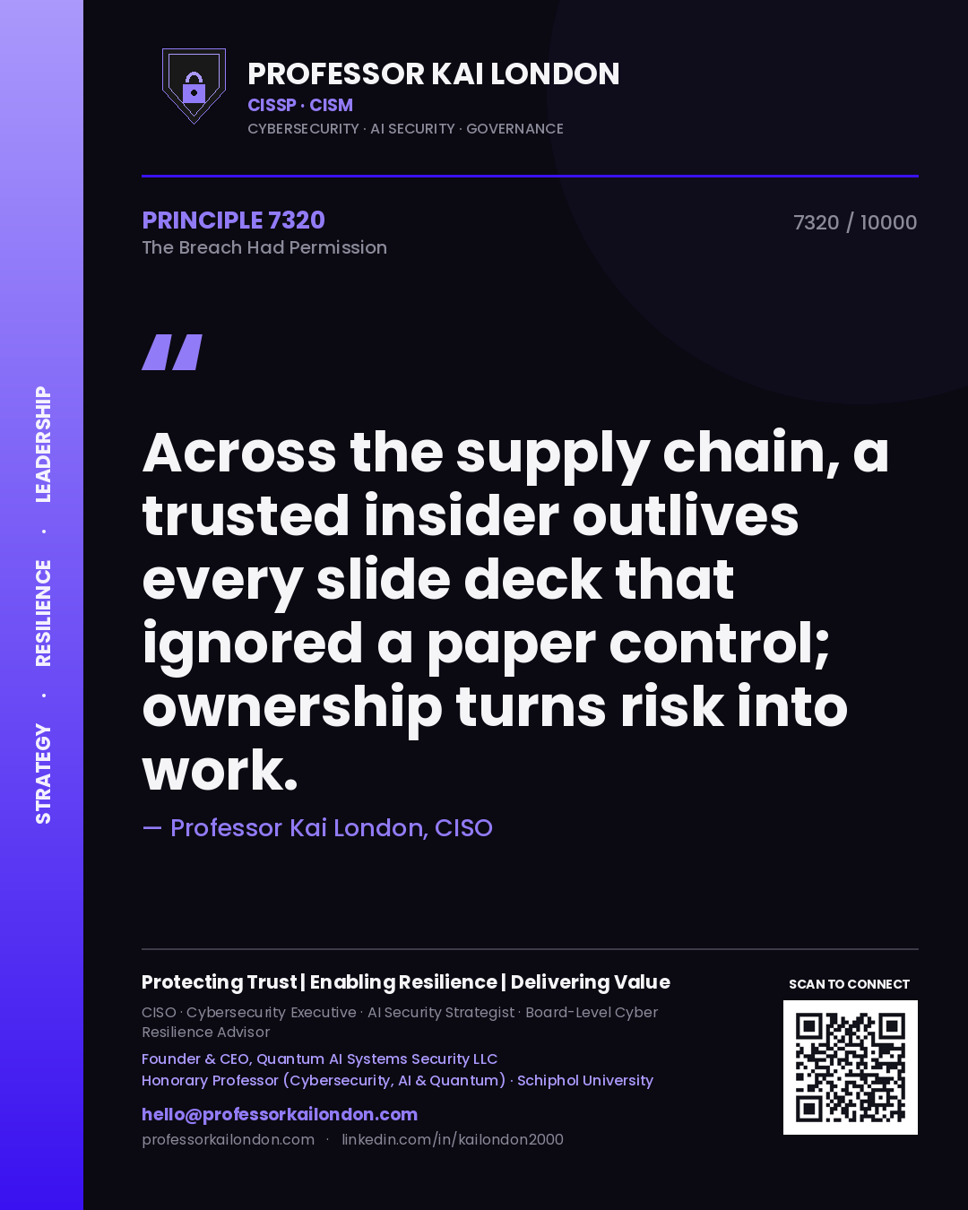 Professor Kai London principle 7320: Across the supply chain, a trusted insider outlives every slide deck that ignored a paper control; ownership turns risk into work.