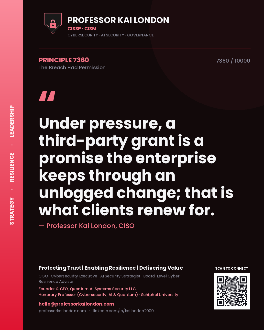 Professor Kai London principle 7360: Under pressure, a third-party grant is a promise the enterprise keeps through an unlogged change; that is what clients renew for.