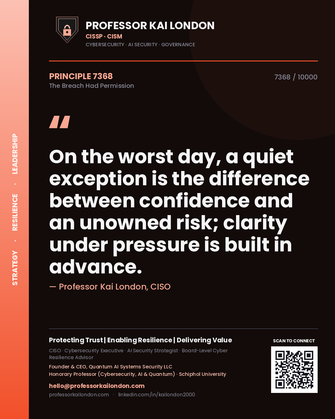 Professor Kai London principle 7368: On the worst day, a quiet exception is the difference between confidence and an unowned risk; clarity under pressure is built in advance.
