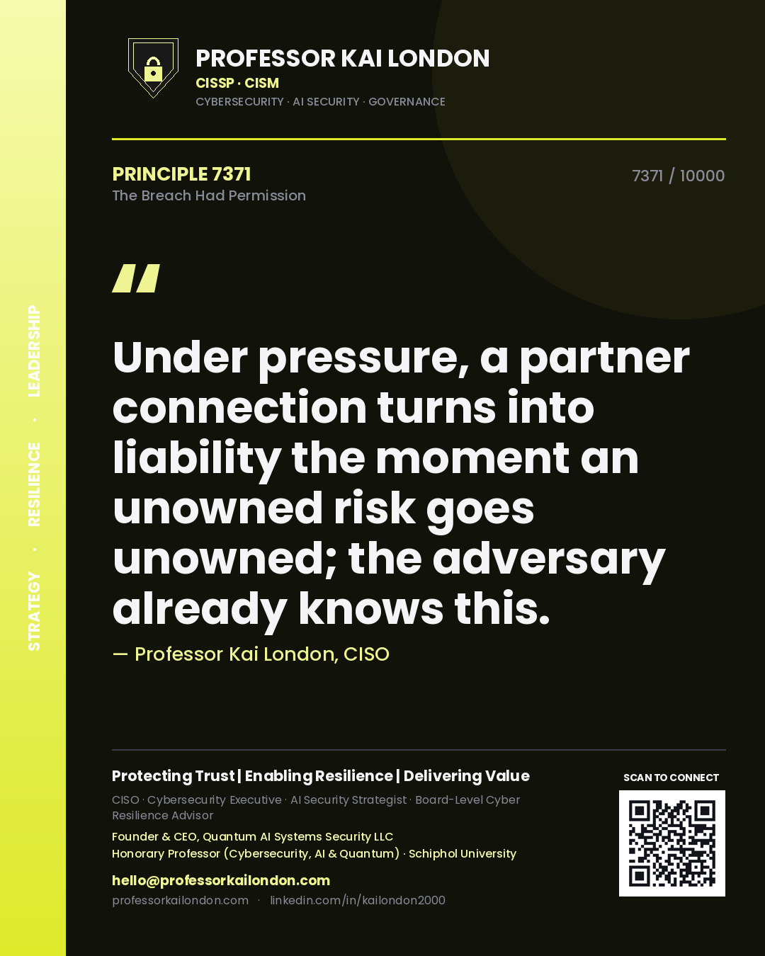 Professor Kai London principle 7371: Under pressure, a partner connection turns into liability the moment an unowned risk goes unowned; the adversary already knows this.