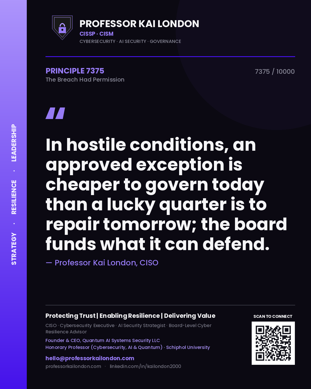 Professor Kai London principle 7375: In hostile conditions, an approved exception is cheaper to govern today than a lucky quarter is to repair tomorrow; the board funds what it can defend.