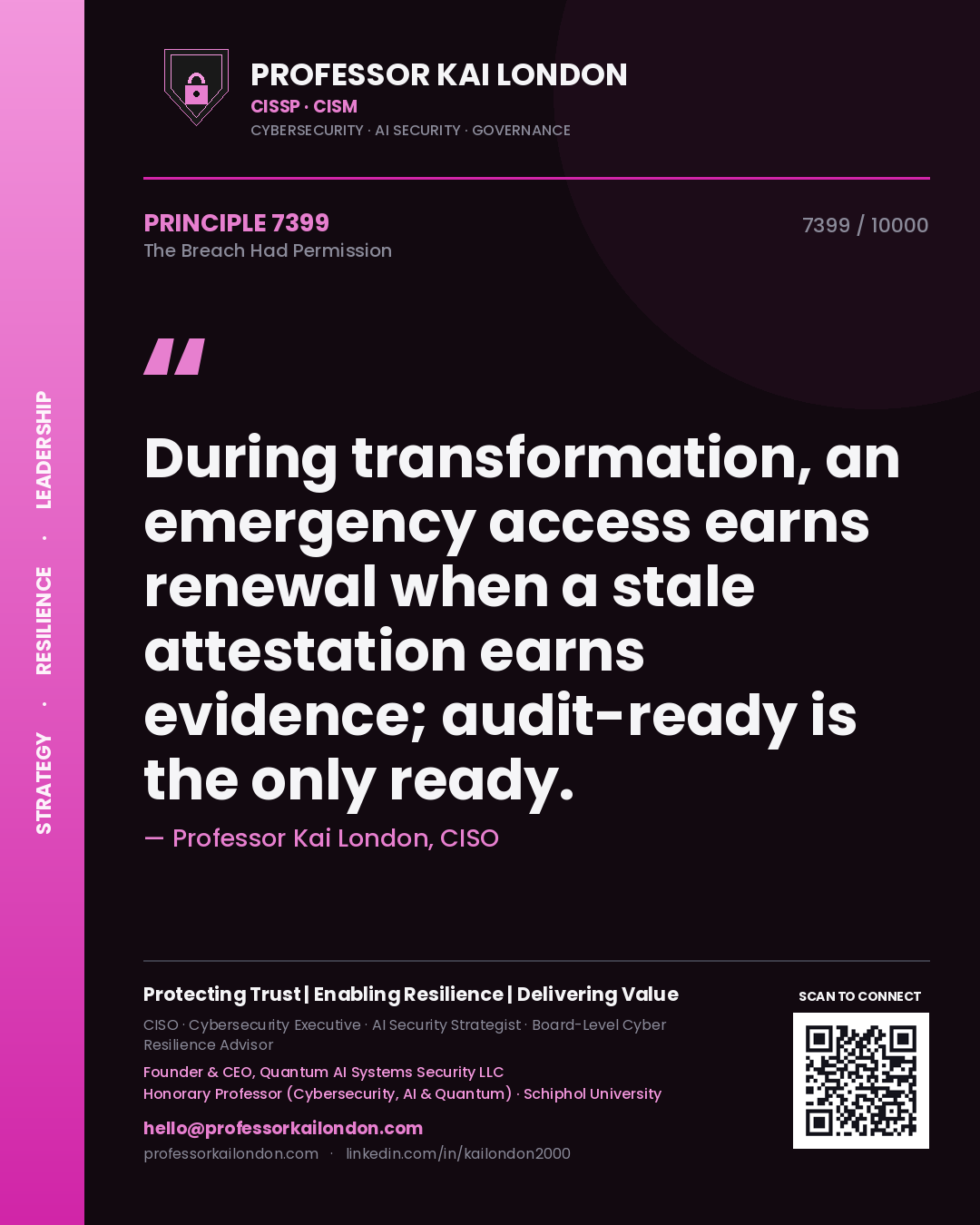 Professor Kai London principle 7399: During transformation, an emergency access earns renewal when a stale attestation earns evidence; audit-ready is the only ready.