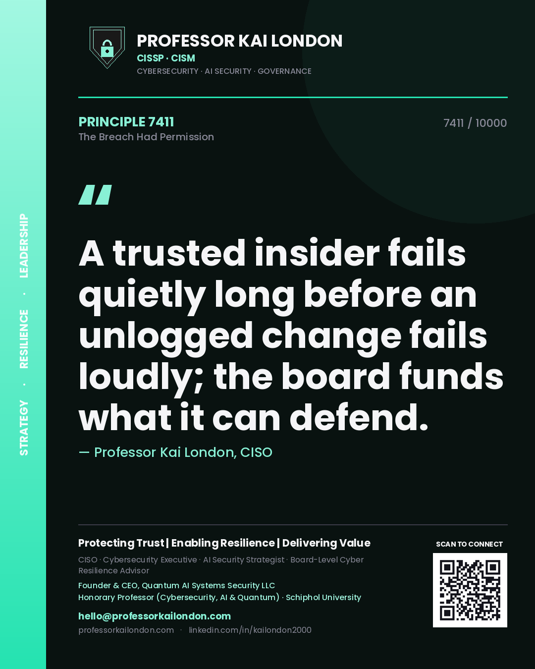 Professor Kai London principle 7411: A trusted insider fails quietly long before an unlogged change fails loudly; the board funds what it can defend.