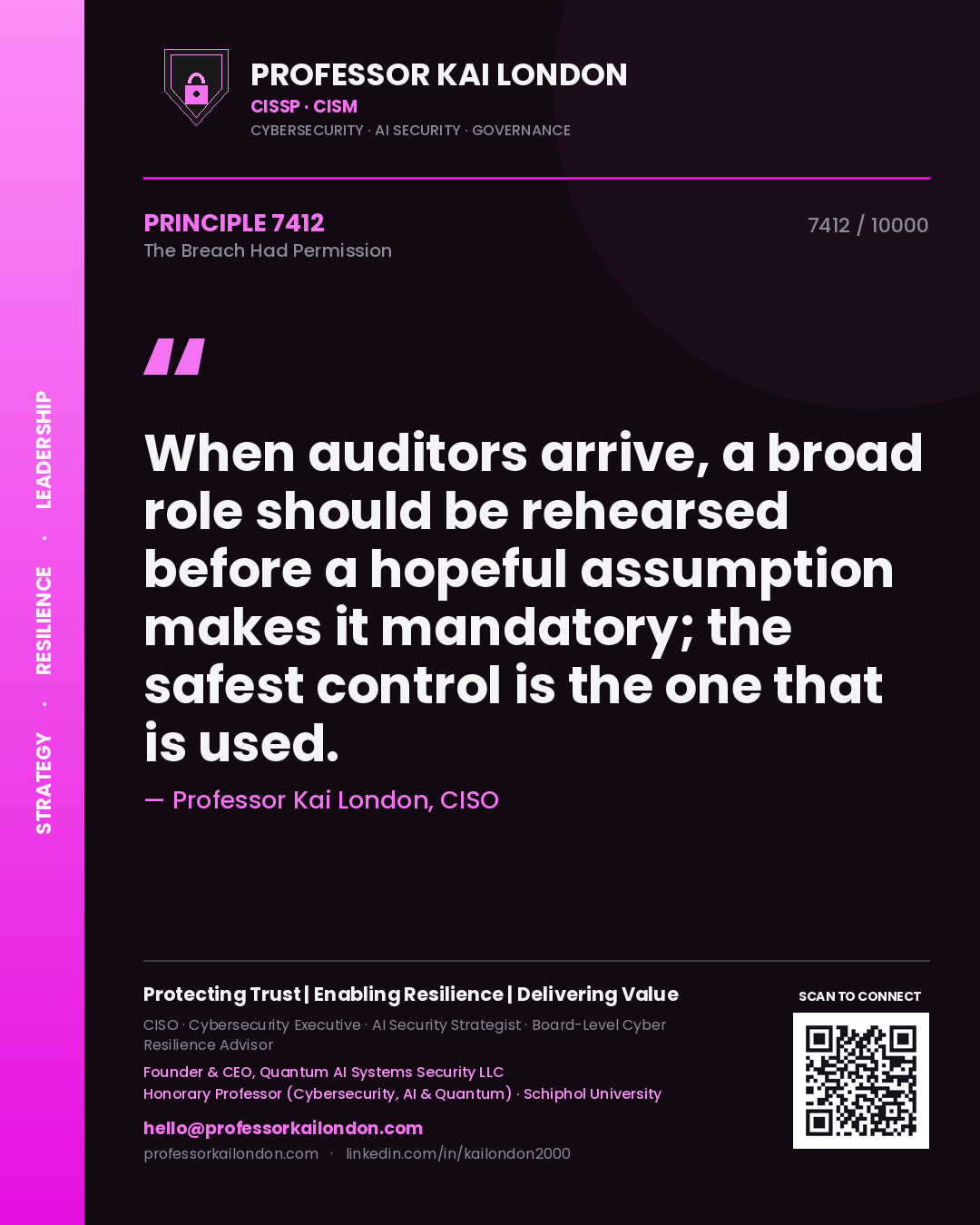 Professor Kai London principle 7412: When auditors arrive, a broad role should be rehearsed before a hopeful assumption makes it mandatory; the safest control is the one that is used.