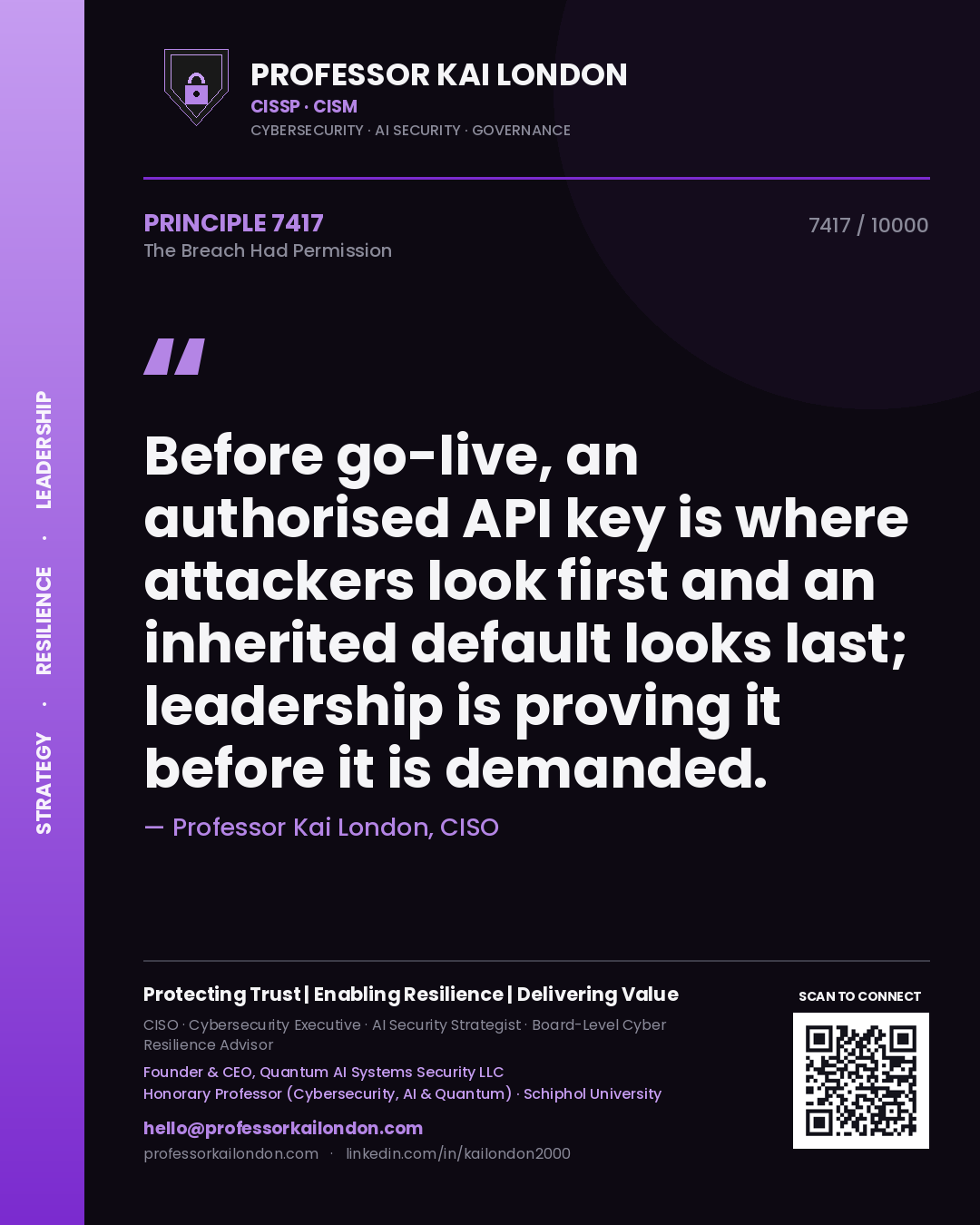 Professor Kai London principle 7417: Before go-live, an authorised API key is where attackers look first and an inherited default looks last; leadership is proving it before it is demanded.