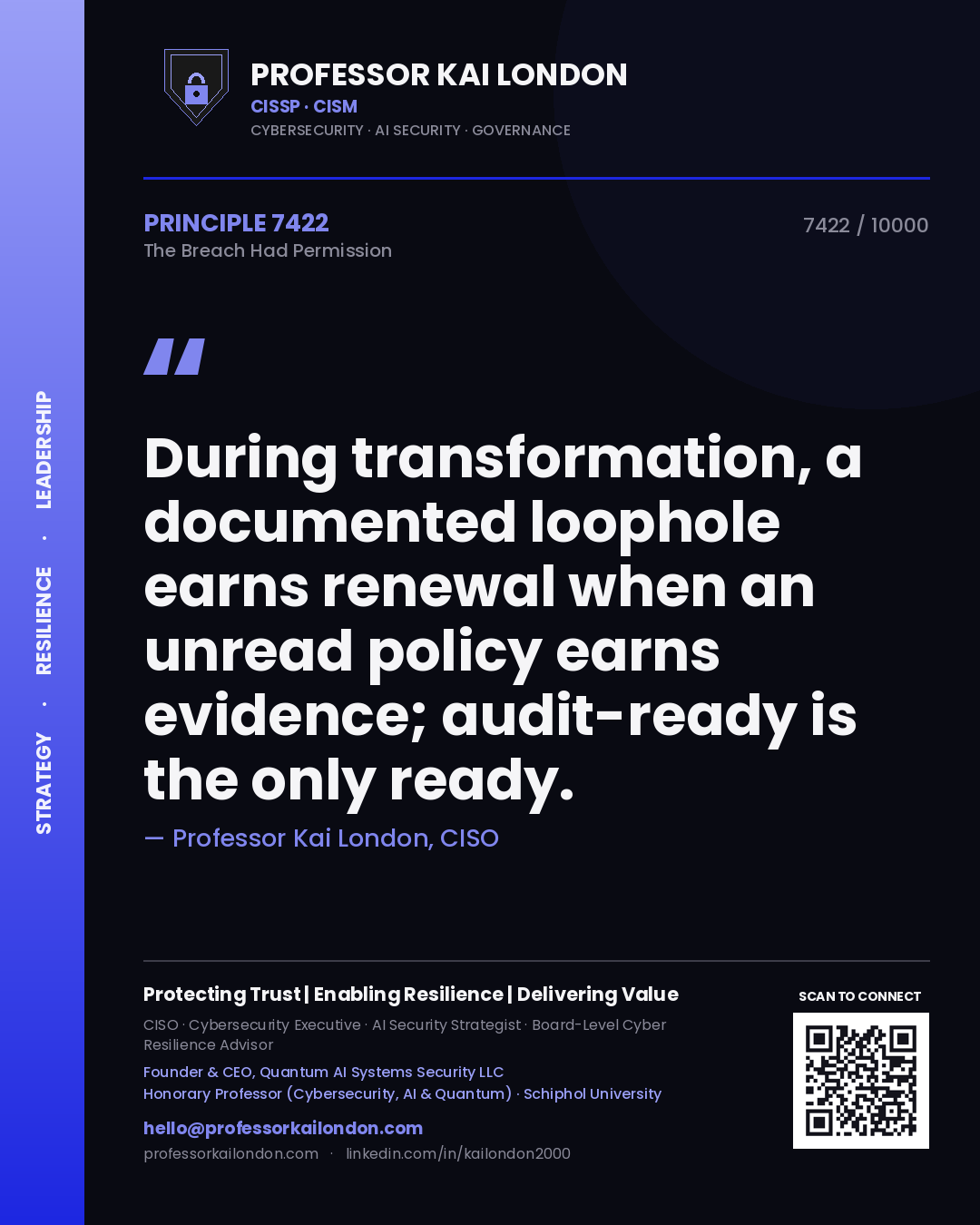 Professor Kai London principle 7422: During transformation, a documented loophole earns renewal when an unread policy earns evidence; audit-ready is the only ready.