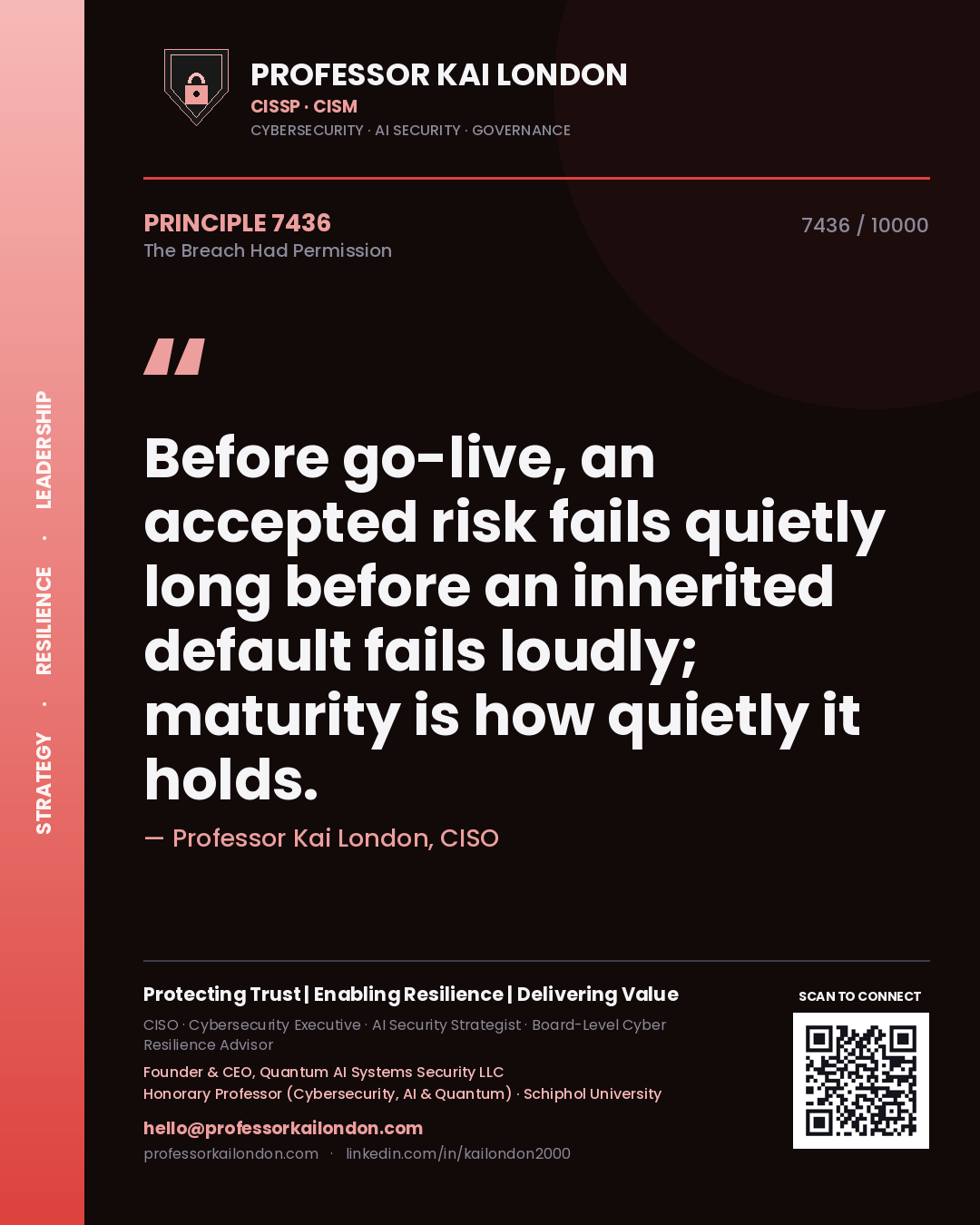 Professor Kai London principle 7436: Before go-live, an accepted risk fails quietly long before an inherited default fails loudly; maturity is how quietly it holds.