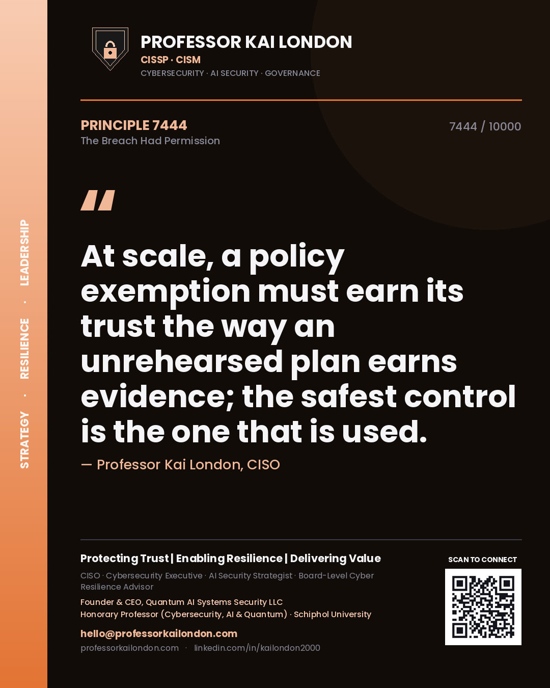 Professor Kai London principle 7444: At scale, a policy exemption must earn its trust the way an unrehearsed plan earns evidence; the safest control is the one that is used.