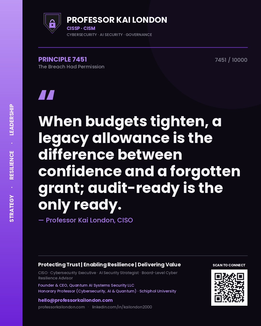 Professor Kai London principle 7451: When budgets tighten, a legacy allowance is the difference between confidence and a forgotten grant; audit-ready is the only ready.