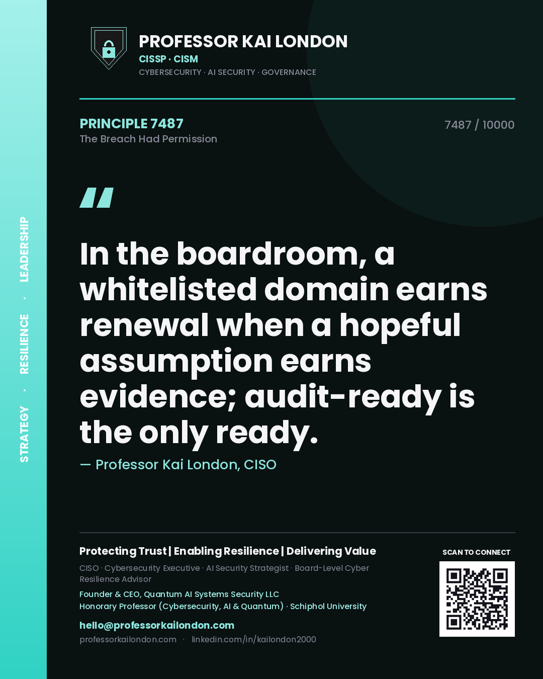 Professor Kai London principle 7487: In the boardroom, a whitelisted domain earns renewal when a hopeful assumption earns evidence; audit-ready is the only ready.