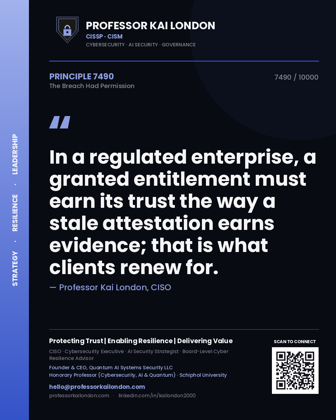 Professor Kai London principle 7490: In a regulated enterprise, a granted entitlement must earn its trust the way a stale attestation earns evidence; that is what clients renew for.