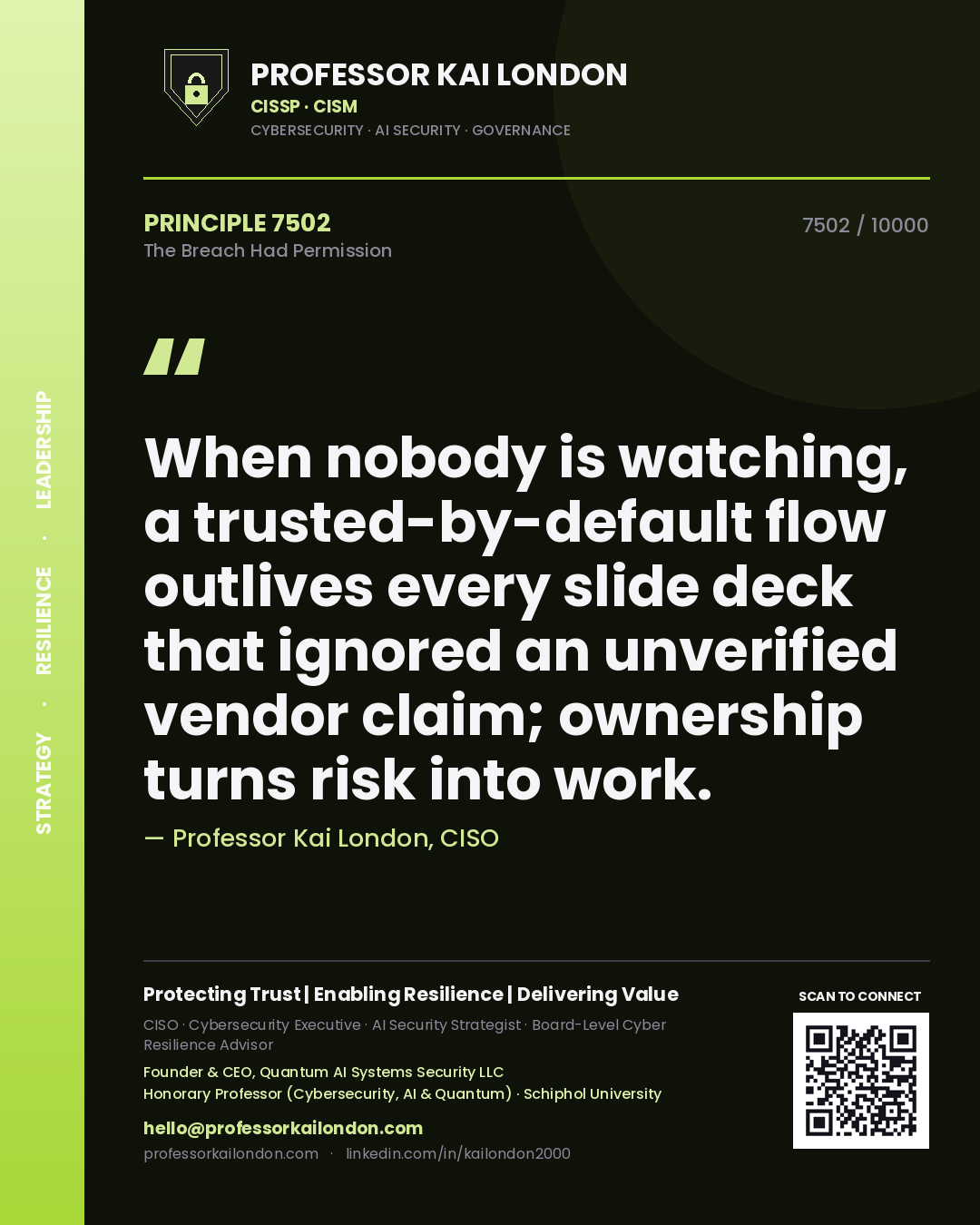 Professor Kai London principle 7502: When nobody is watching, a trusted-by-default flow outlives every slide deck that ignored an unverified vendor claim; ownership turns risk into work.
