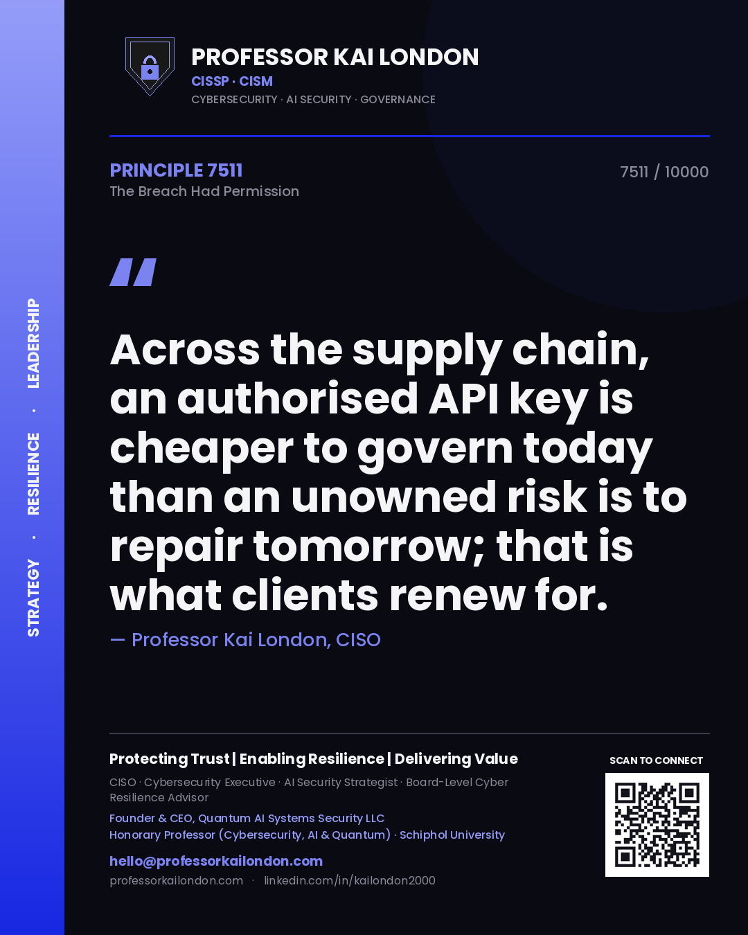 Professor Kai London principle 7511: Across the supply chain, an authorised API key is cheaper to govern today than an unowned risk is to repair tomorrow; that is what clients renew for.
