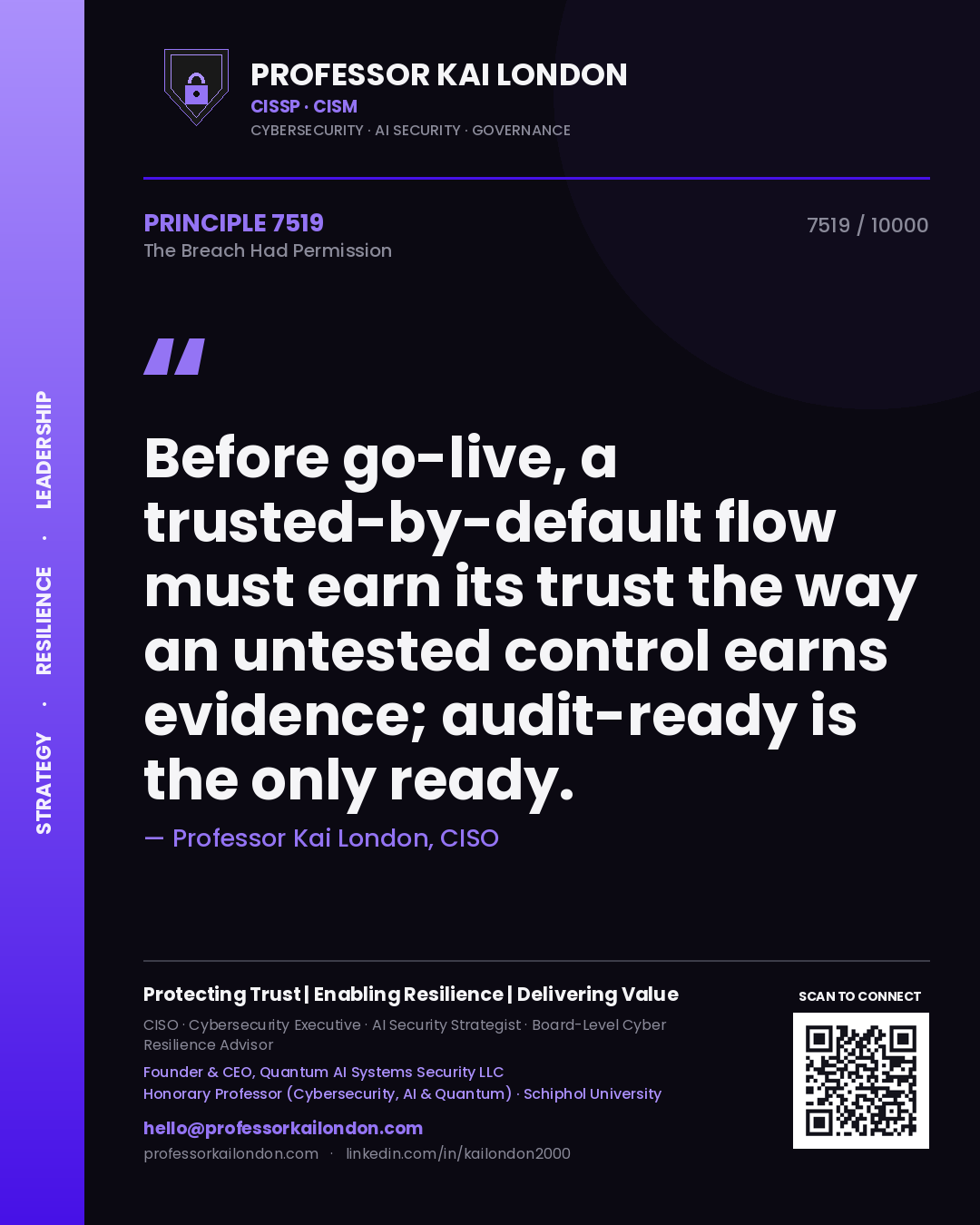 Professor Kai London principle 7519: Before go-live, a trusted-by-default flow must earn its trust the way an untested control earns evidence; audit-ready is the only ready.